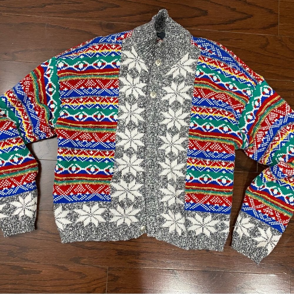 VINTAGE Fair Isle Snow Sweater Womens Multicolor  Hand Knit Cardigan Heavy